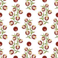 A seamless folk art pattern featuring stylized flowers and circular shapes on a white background. The flowers are predominantly red with green stems and leaves, complemented by red dots. vector
