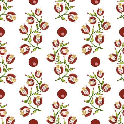 A seamless folk art pattern featuring stylized flowers and circular shapes on a white background. The flowers are predominantly red with green stems and leaves, complemented by red dots.