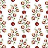 A seamless floral folk art pattern featuring red and yellow flowers intertwined with green stems, set against a white background. Circular red dots are interspersed throughout the design. vector
