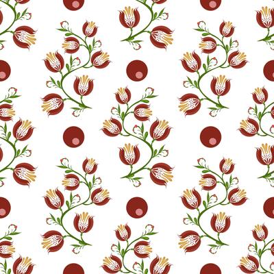 A seamless floral folk art pattern featuring red and yellow flowers intertwined with green stems, set against a white background. Circular red dots are interspersed throughout the design.