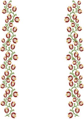 A decorative border featuring vibrant floral folk art patterns with red and yellow flowers intertwined with green leaves, set against a white background.