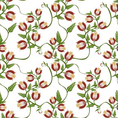 A seamless floral folk art pattern featuring stylized red and yellow flowers intertwined with green leaves on a white background.