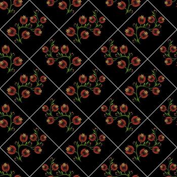 A seamless folk art pattern featuring stylized flowers in shades of red and yellow on a black background, arranged in a diamond layout. vector