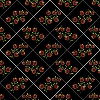 un sin costura gente Arte modelo presentando rojo tulipanes en un negro fondo, arreglado en un diamante cuadrícula disposición. el diseño es vibrante y floral, adecuado para textiles o fondo de pantalla. vector