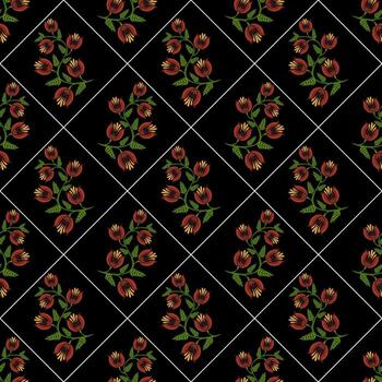 un sin costura gente Arte modelo presentando estilizado rojo tulipanes y verde hojas en un negro fondo, arreglado en un diamante cuadrícula disposición. vector