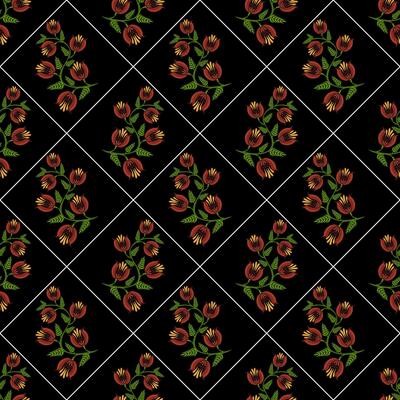 A seamless folk art pattern featuring stylized red tulips and green leaves on a black background, arranged in a diamond grid layout.