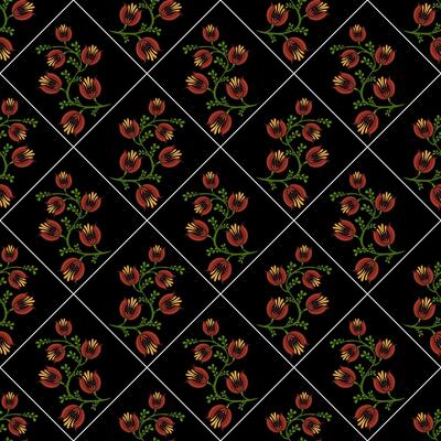 A seamless floral folk art pattern featuring red and orange flowers with green leaves on a black background, arranged in a diamond grid layout.
