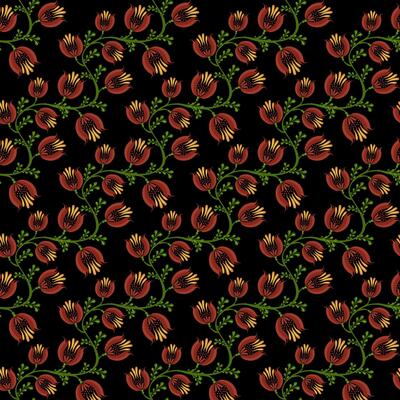 A seamless floral folk art pattern featuring vibrant red and yellow flowers with green leaves on a black background. The design is intricate and suitable for textiles or wallpapers.