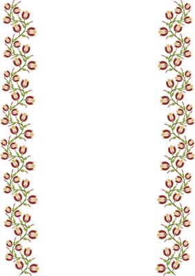 A decorative border featuring red tulip flowers and green leaves, arranged vertically on both sides of a white background, ideal for invitations or stationery.