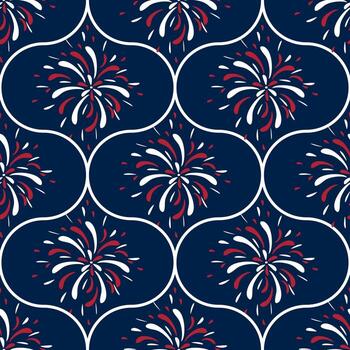 A repeating pattern featuring stylized fireworks in red, white, and blue on a dark navy background. The design is symmetrical and vibrant, suitable for festive occasions. vector
