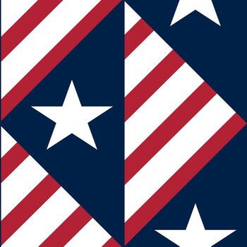 A geometric pattern featuring red and white stripes arranged in a diamond shape on a blue background, interspersed with white stars. vector