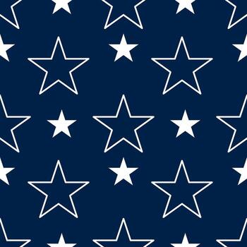 A seamless pattern featuring white stars on a navy blue background. The design includes both outlined and filled stars, creating a playful and dynamic visual effect. vector