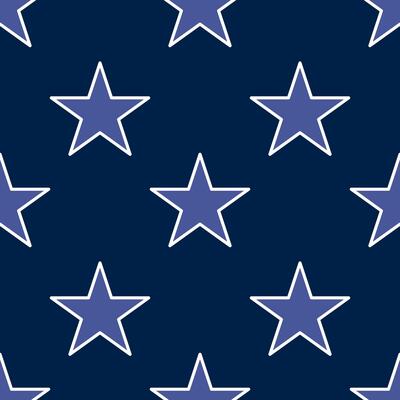 A repeating pattern of stars in shades of blue on a dark navy background. The stars are outlined in white, creating a striking contrast against the deep color.