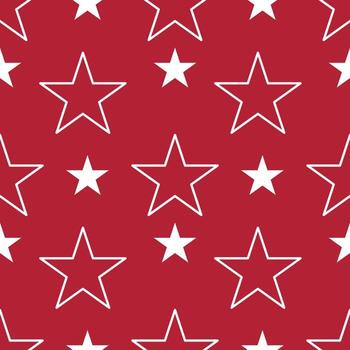 A seamless pattern featuring white stars on a red background. The stars vary in size and are outlined, creating a playful and festive design suitable for various applications. vector