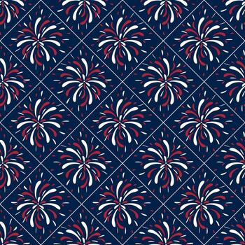 A seamless pattern featuring stylized fireworks in red, white, and blue on a dark navy background. The design is geometric and symmetrical, suitable for festive occasions. vector