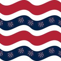 A festive pattern featuring alternating red and white wavy stripes with navy blue sections adorned with colorful fireworks. Ideal for patriotic themes and celebrations. vector