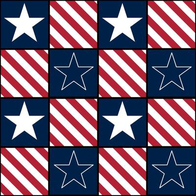A repeating pattern featuring red and white stripes with blue squares containing white stars. The design is reminiscent of patriotic themes, suitable for festive occasions.