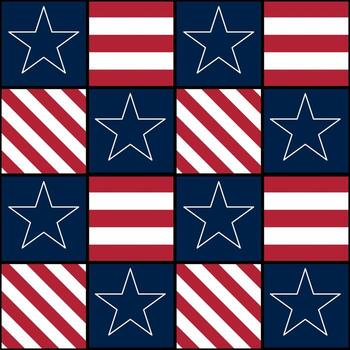 A patterned design featuring alternating squares with red and white stripes and blue squares with white stars, creating a patriotic theme. vector