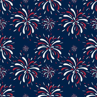 A seamless pattern featuring colorful fireworks in red, white, and blue against a dark navy background. The design is festive and celebratory, ideal for events like Independence Day.