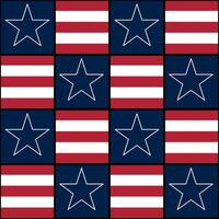 A repeating pattern of stars and stripes, featuring red and white stripes with blue backgrounds and outlined stars. Ideal for patriotic themes, textiles, or decorations. vector