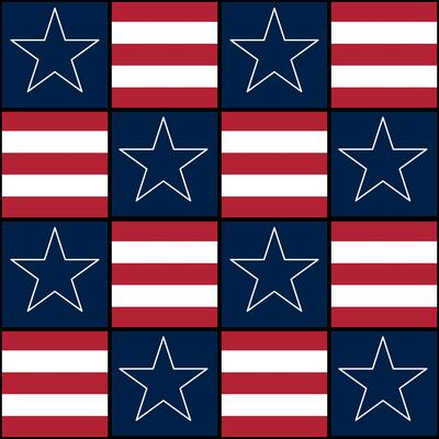 A repeating pattern of stars and stripes, featuring red and white stripes with blue backgrounds and outlined stars. Ideal for patriotic themes, textiles, or decorations.