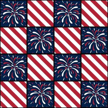 A repeating pattern featuring red and white diagonal stripes alongside blue squares with colorful fireworks. The design evokes a festive and patriotic theme, suitable for celebrations. vector