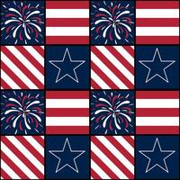 A patterned design featuring alternating squares with red, white, and blue elements. Some squares display fireworks, while others feature stars and stripes, evoking a festive, patriotic theme. vector