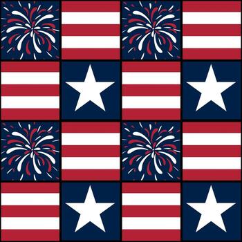 A patterned design featuring alternating squares with American flags, stars, and fireworks. The colors are red, white, and blue, creating a festive and patriotic theme. vector