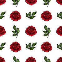 A seamless pattern featuring red roses and green leaves on a white background. The roses are detailed with petals and shading, while the leaves are vibrant and stylized. vector