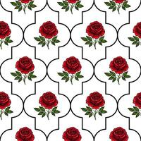 A seamless pattern featuring red roses with green leaves on a white background, framed by black outlines in an elegant design. vector