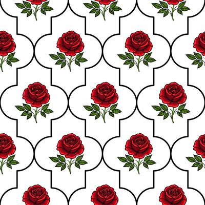 A seamless pattern featuring red roses with green leaves on a white background, framed by black outlines in an elegant design.