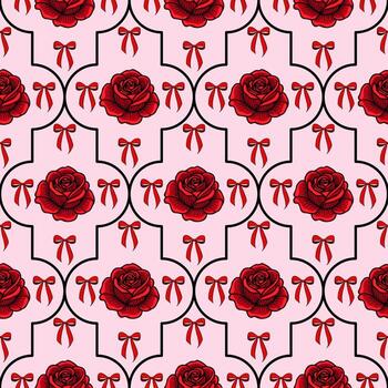 A seamless pattern featuring red roses and bows on a soft pink background. The design is intricate, with black outlines enhancing the floral and ribbon motifs. vector