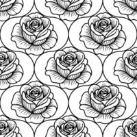 A seamless pattern featuring intricately drawn roses in black and white. Each rose is placed within an oval shape, creating a repeating floral design suitable for various applications. vector