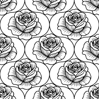 A seamless pattern featuring intricately drawn roses in black and white. Each rose is placed within an oval shape, creating a repeating floral design suitable for various applications.