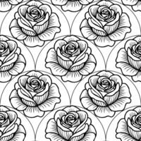 A seamless pattern featuring intricately drawn roses in black and white. The design showcases a repetitive arrangement of blooming roses, emphasizing their detailed petals and leaves. vector