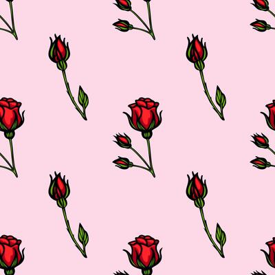 A seamless pattern featuring red roses and rose buds on a soft pink background. The design is vibrant and floral, suitable for textiles or wallpapers.