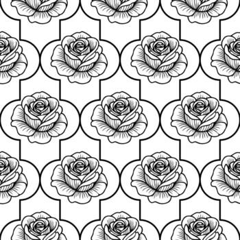 A seamless pattern featuring intricately drawn black roses on a white background, arranged in a geometric layout with decorative shapes. vector