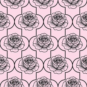 A seamless pattern featuring black outlined roses on a soft pink background. The roses are intricately detailed, arranged in a repeating geometric design. vector