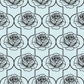 A seamless pattern featuring intricately drawn black roses on a light blue background, arranged in a geometric layout with decorative shapes. vector