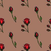 A seamless pattern featuring red roses and rose buds on a brown background. The design showcases a mix of fully bloomed roses and smaller buds, creating a vibrant floral motif. vector