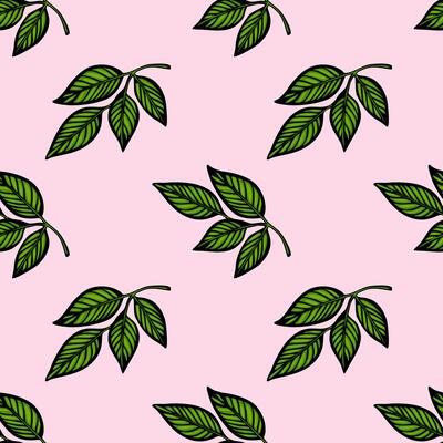 A seamless pattern featuring green leaves on a soft pink background. The leaves are illustrated with fine details, showcasing their natural shape and texture.