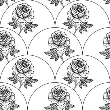 A seamless pattern featuring hand-drawn roses with leaves, arranged in a circular design on a white background. The roses are outlined in black, creating a classic and elegant look. vector