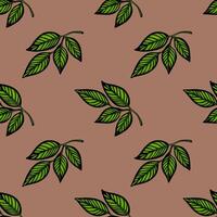 A seamless pattern featuring green leaves on a brown background. The leaves are illustrated with fine details and a bold outline, creating a vibrant and organic feel. vector