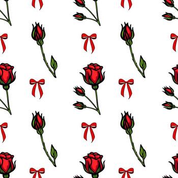 A seamless pattern featuring red roses and red bows on a white background. The design includes both blooming roses and rose buds, creating a romantic and festive feel. vector