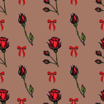 A seamless pattern featuring red roses and red bows on a brown background. The design includes various stages of rose buds and fully bloomed roses, creating a romantic and festive feel. vector