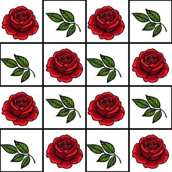 A grid pattern featuring red roses with green leaves on a white background. The design is symmetrical, showcasing a repeated arrangement of roses and leaves. vector