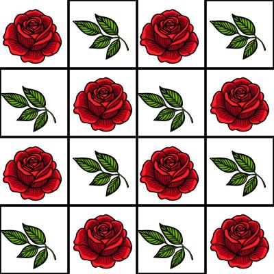 A grid pattern featuring red roses with green leaves on a white background. The design is symmetrical, showcasing a repeated arrangement of roses and leaves.
