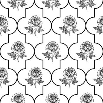 A seamless pattern featuring black line art roses with leaves on a white background, arranged in a geometric layout. vector