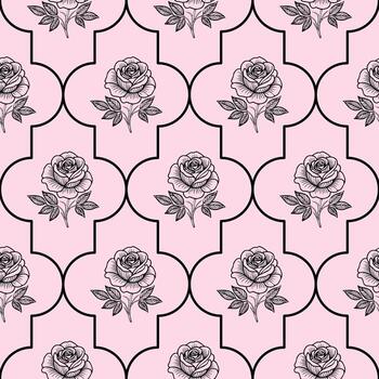 A seamless pattern featuring black outlined roses on a soft pink background, arranged in a geometric layout with decorative shapes. vector