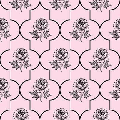 A seamless pattern featuring black outlined roses on a soft pink background, arranged in a geometric layout with decorative shapes.